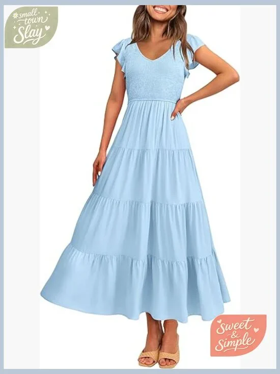 Flowy Maxi Dress with Smocked Top V Neck Cap Sleeve Summer Casual - Picture 1 of 7